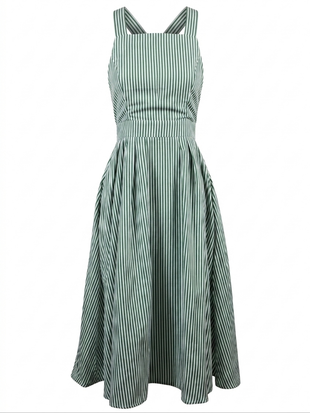DRESSED Criss Cross Back Midi Dress Sleeveless Pockets Striped Green White S